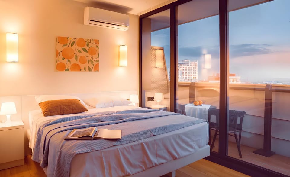Bed, View (from property/room), Balcony/Terrace, Photo of the whole room, Bedroom, towels, air conditioner