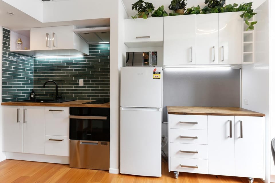 Kitchen or kitchenette, stove
