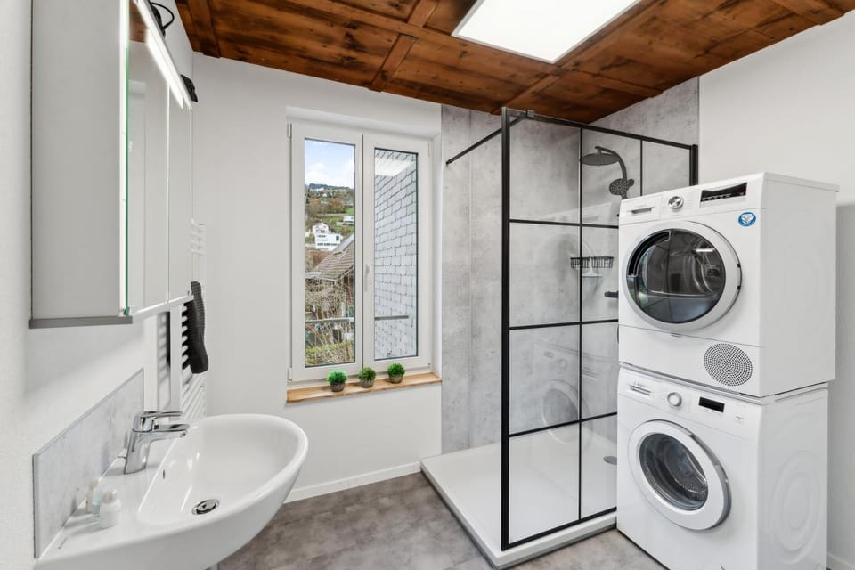 Shower, Bathroom, towels, washing machine, dryer
