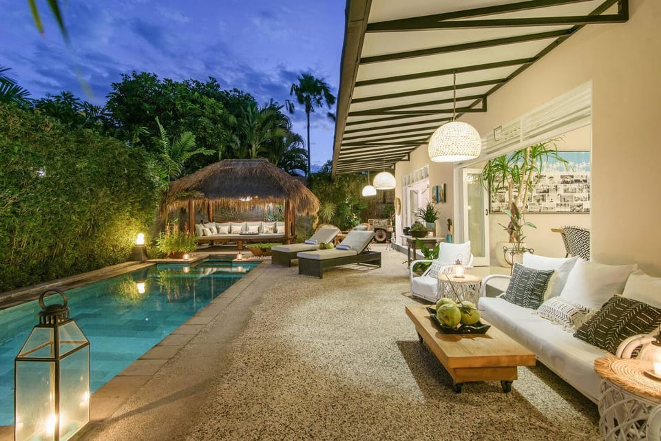 Property building, Patio, Night, Swimming pool, sunbed