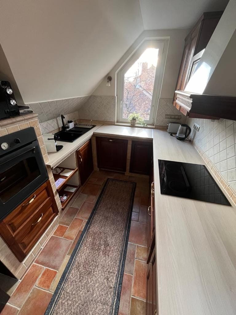 Kitchen or kitchenette, oven, stove