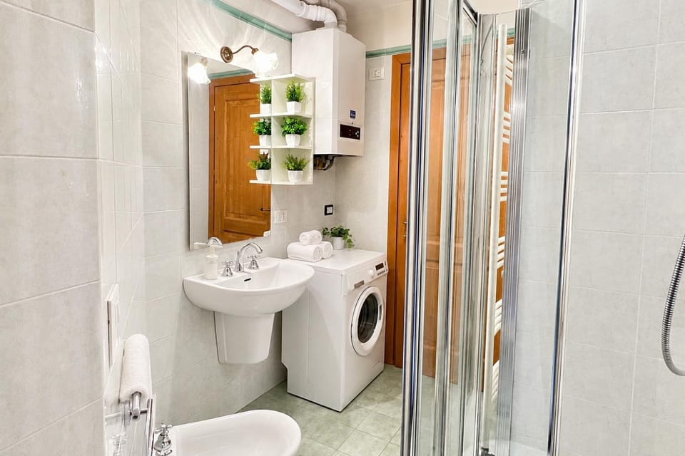 Shower, Toilet, Bathroom, bidet, towels, washing machine