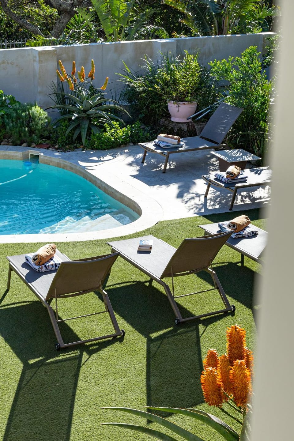 Garden, Garden view, Pool view, Swimming pool, sunbed, towels