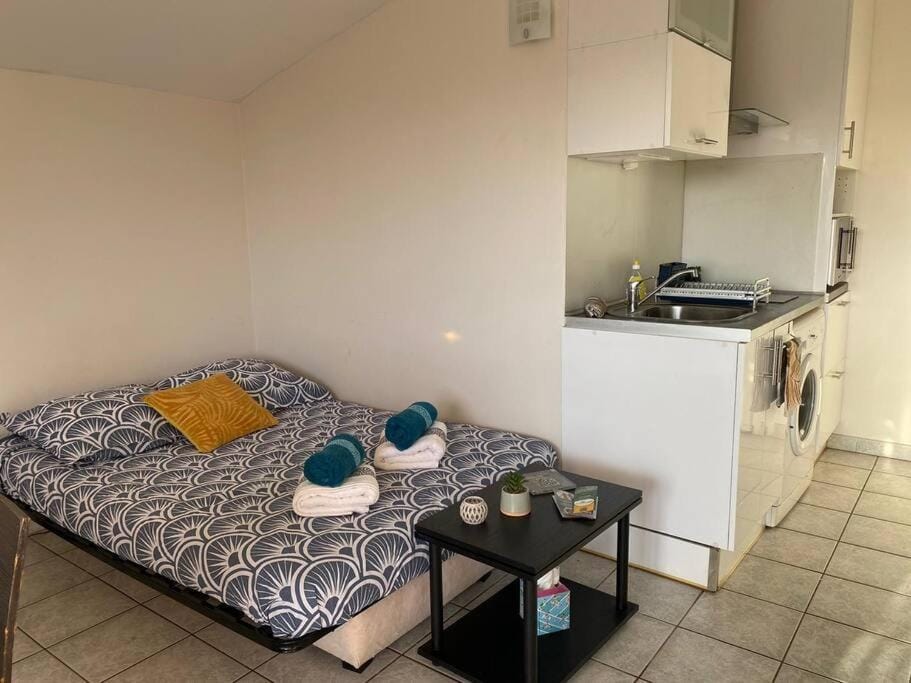 Bed, Kitchen or kitchenette, Photo of the whole room, Bedroom, stove, towels