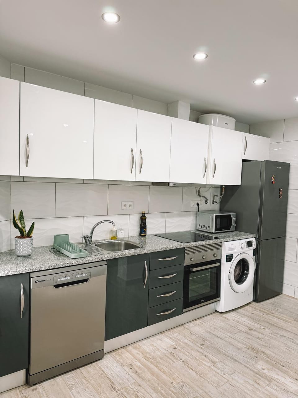 Kitchen or kitchenette, dishwasher, oven, stove, washing machine