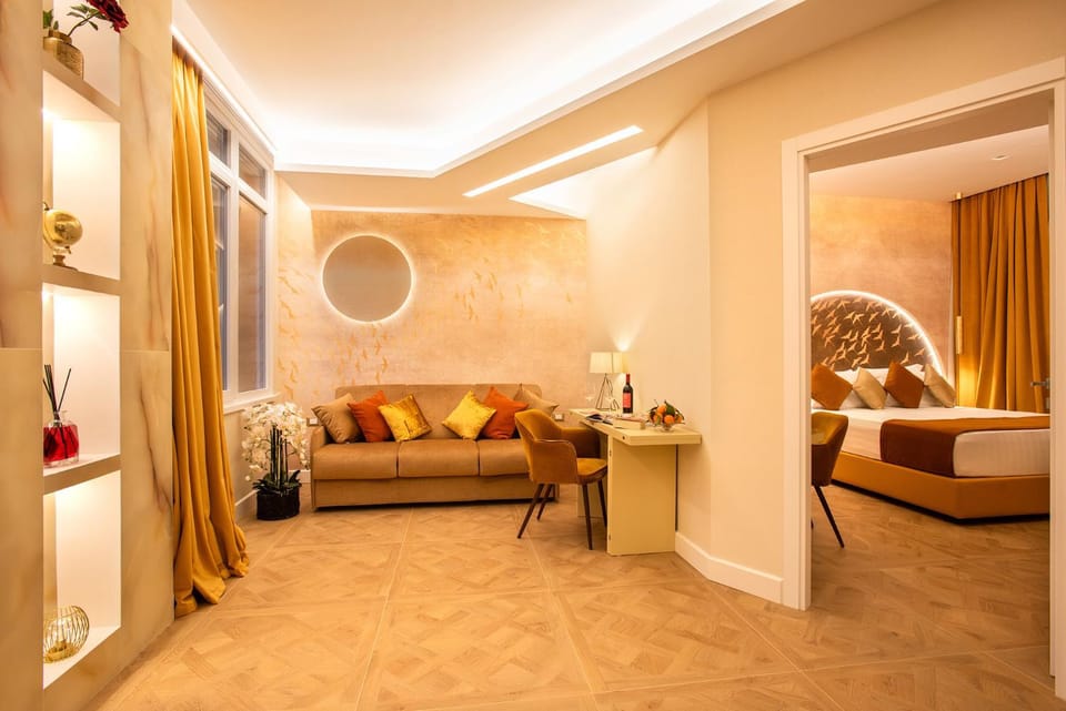 Bed, Living room, Seating area