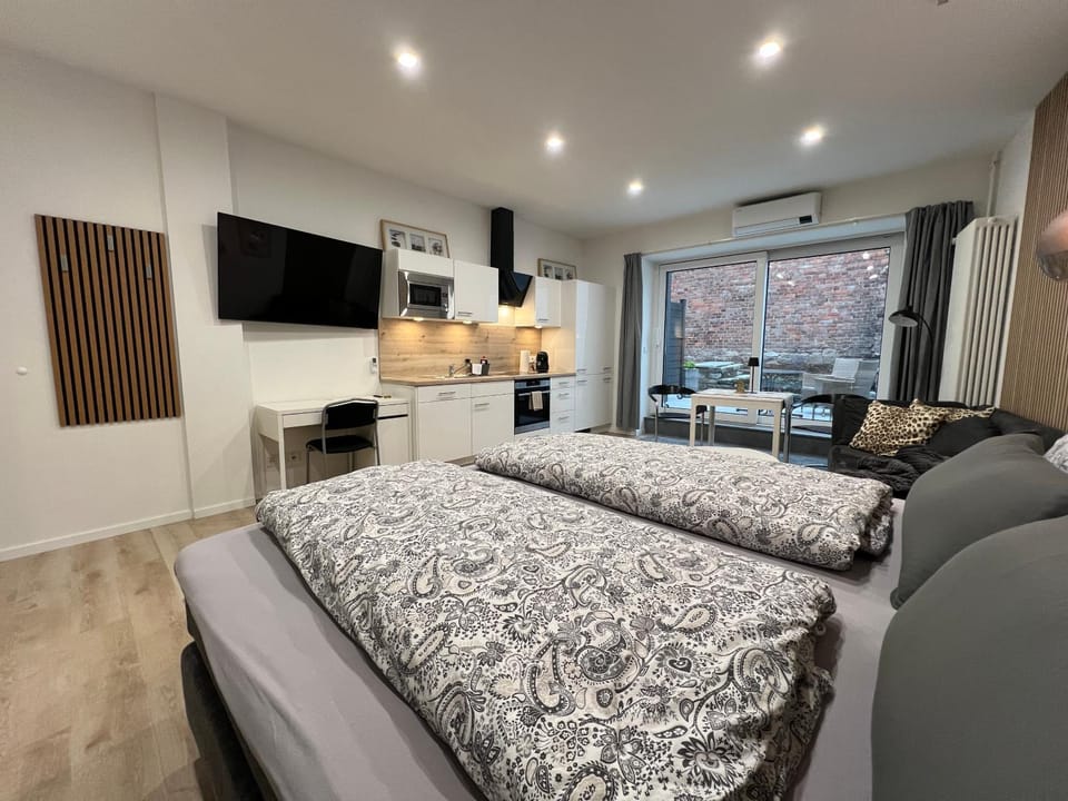 Bed, TV and multimedia, Kitchen or kitchenette, Living room, Photo of the whole room, Seating area, Bedroom