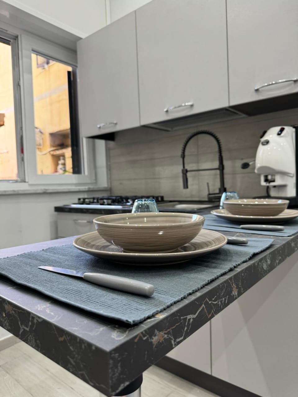 Kitchen or kitchenette, stove