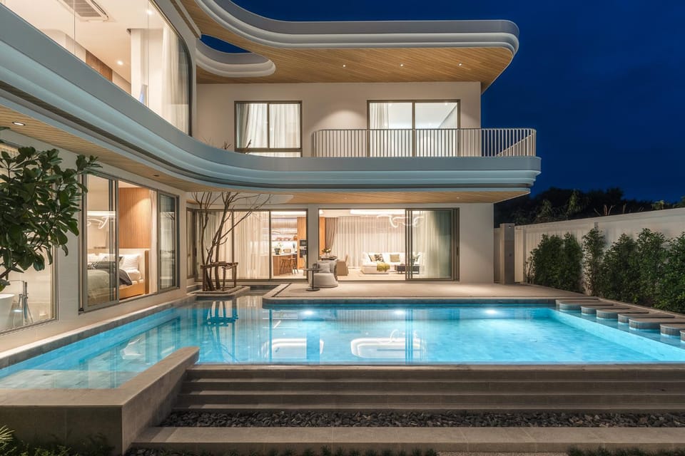 Property building, Night, Pool view, Swimming pool