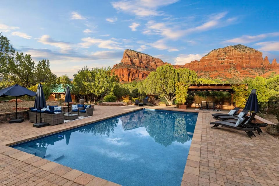 Patio, View (from property/room), Seating area, Mountain view, Swimming pool