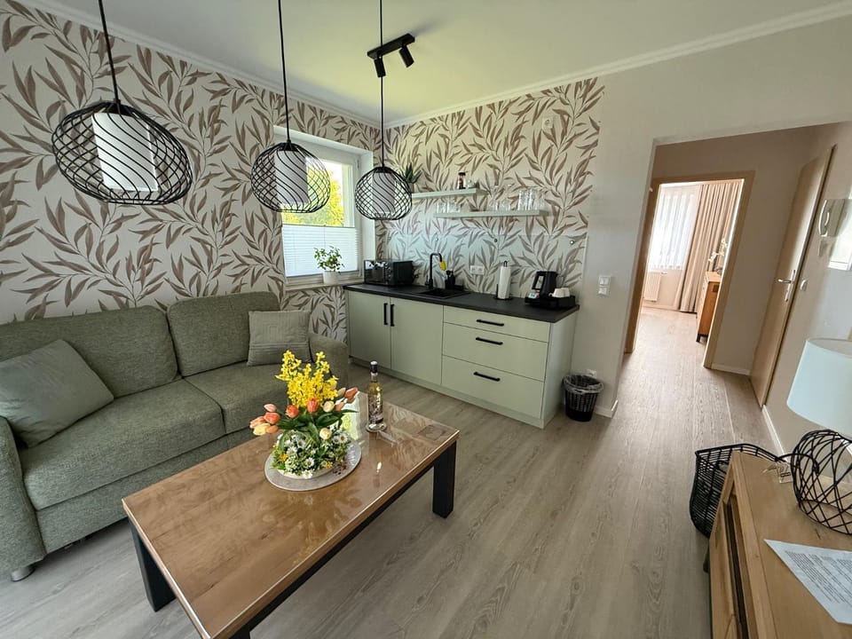 Kitchen or kitchenette, Living room, Seating area, Dining area