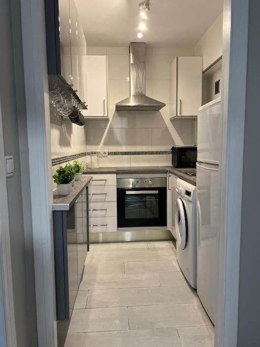 Kitchen or kitchenette, oven, stove, washing machine