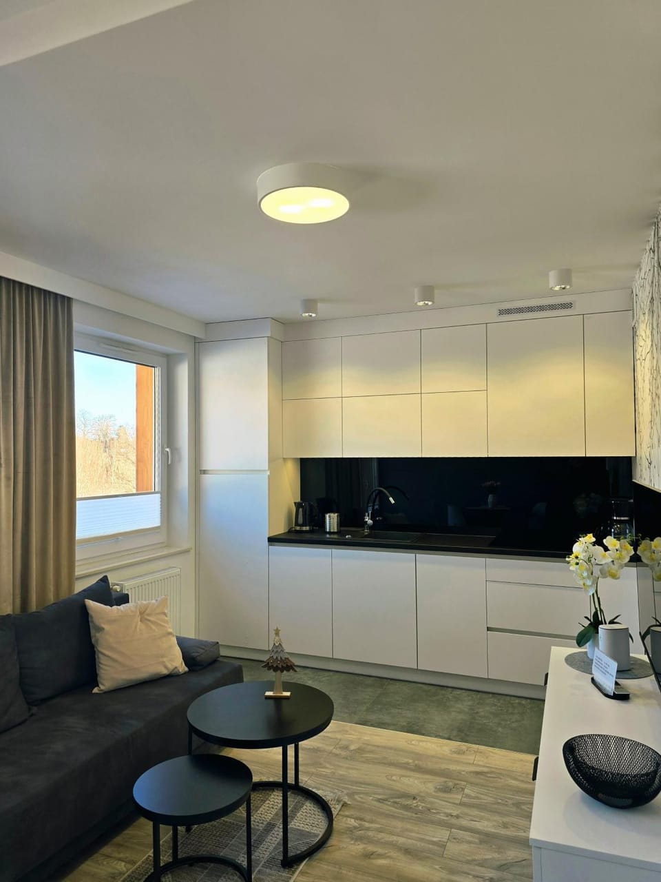TV and multimedia, Kitchen or kitchenette, Living room, Seating area, Dining area, stove