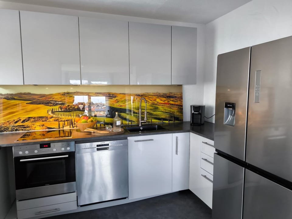 Kitchen or kitchenette, dishwasher, oven, stove