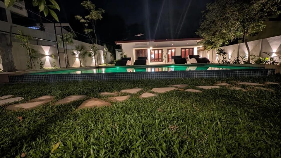 Property building, Night, Garden, Garden view, Pool view, Swimming pool