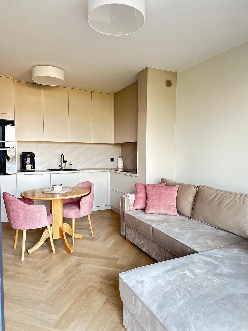 Kitchen or kitchenette, Living room, Seating area, Dining area