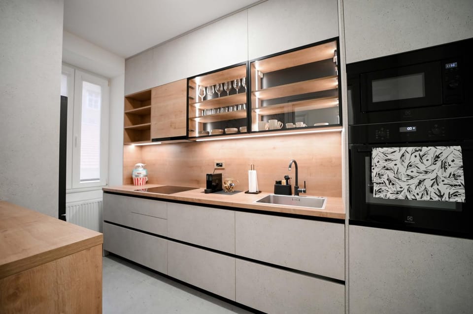 Kitchen or kitchenette, stove
