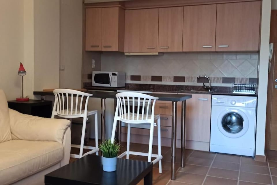 Kitchen or kitchenette, Living room, Dining area, oven, stove, toaster, washing machine