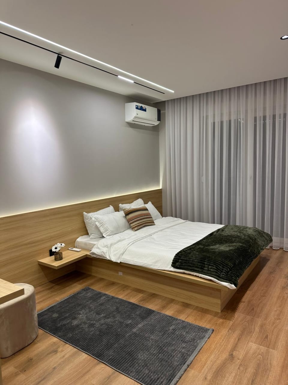 Bed, Photo of the whole room, Bedroom, towels, air conditioner