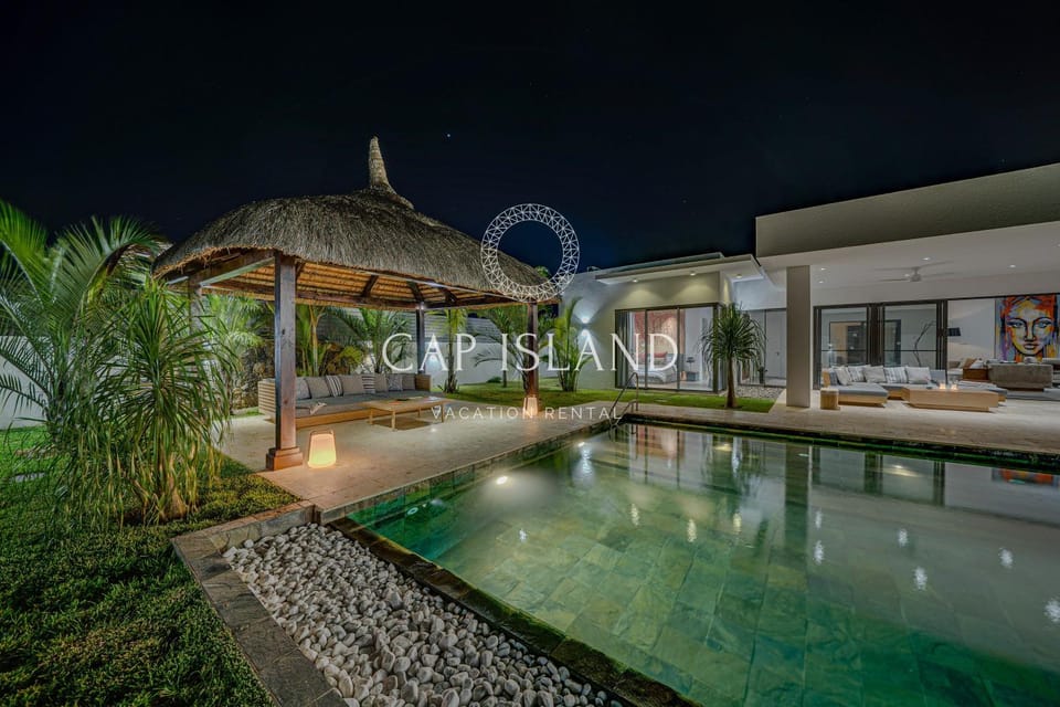 Property building, Patio, Night, Garden, Pool view, Swimming pool