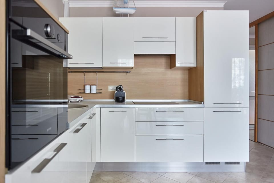 Kitchen or kitchenette, dishwasher, oven, stove