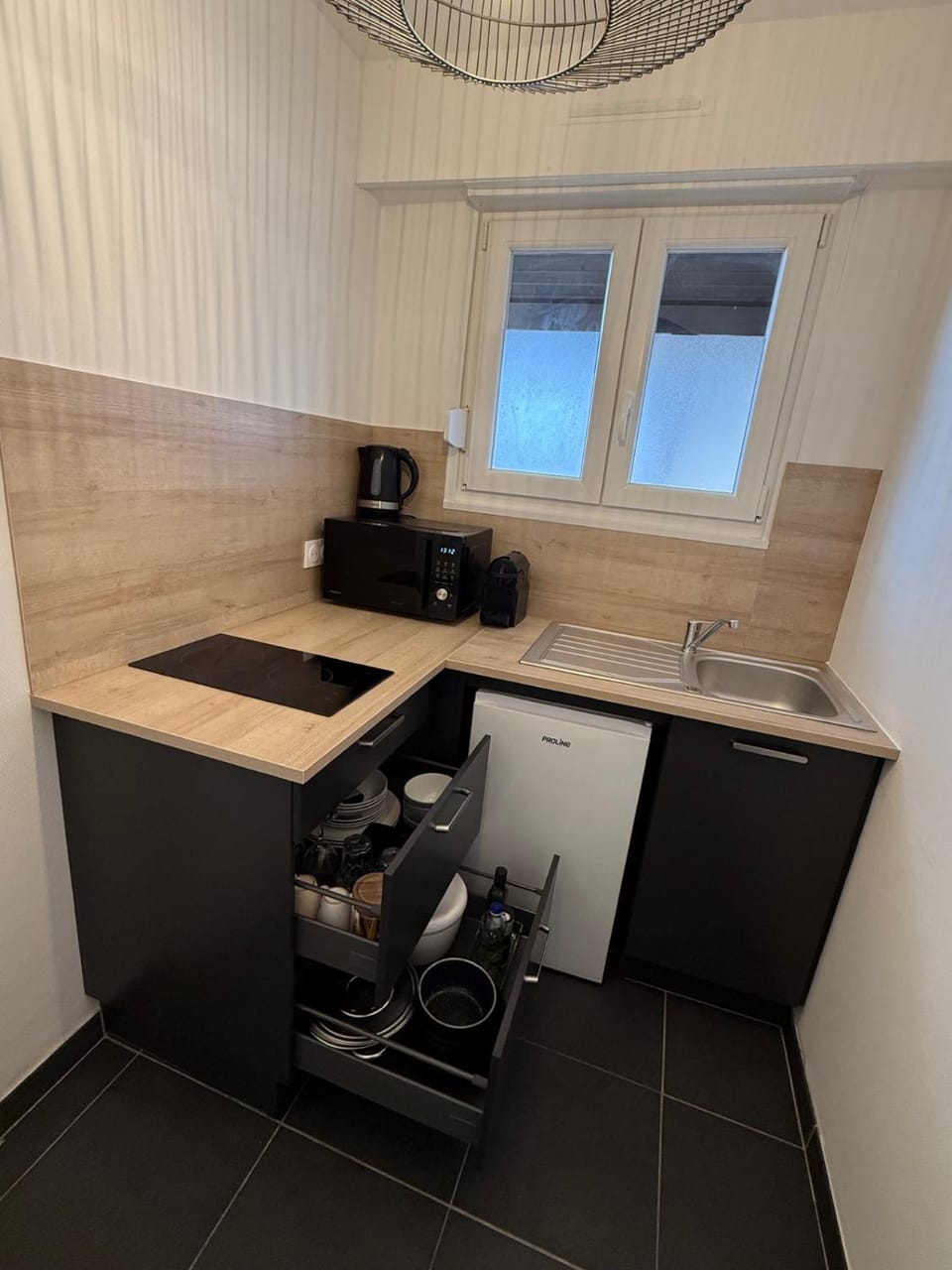 Kitchen or kitchenette, stove