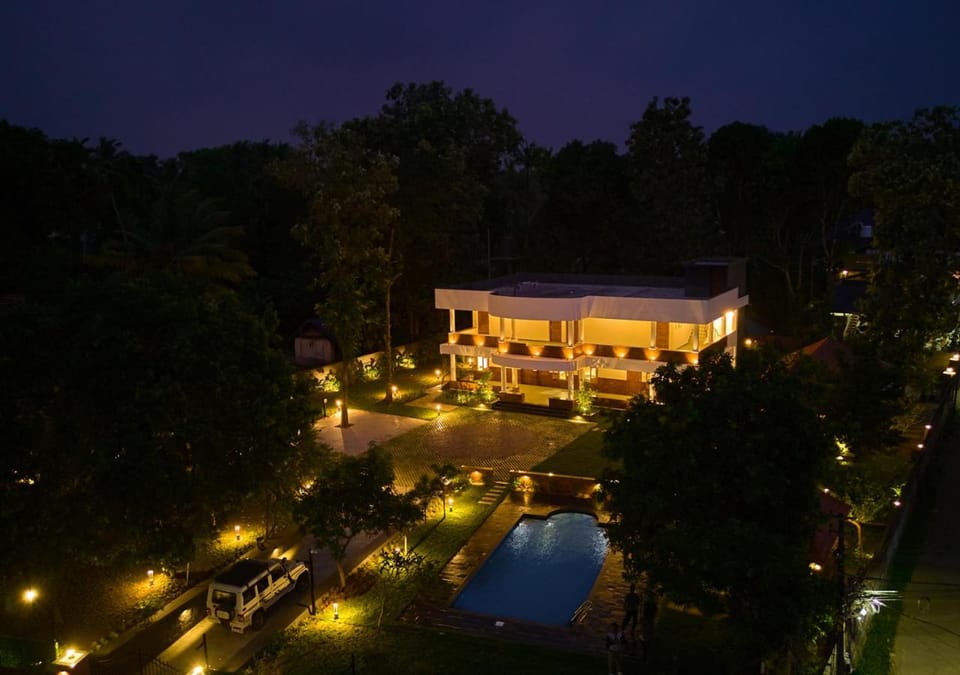 Property building, Night, Natural landscape, Garden, Garden view, Pool view, Swimming pool