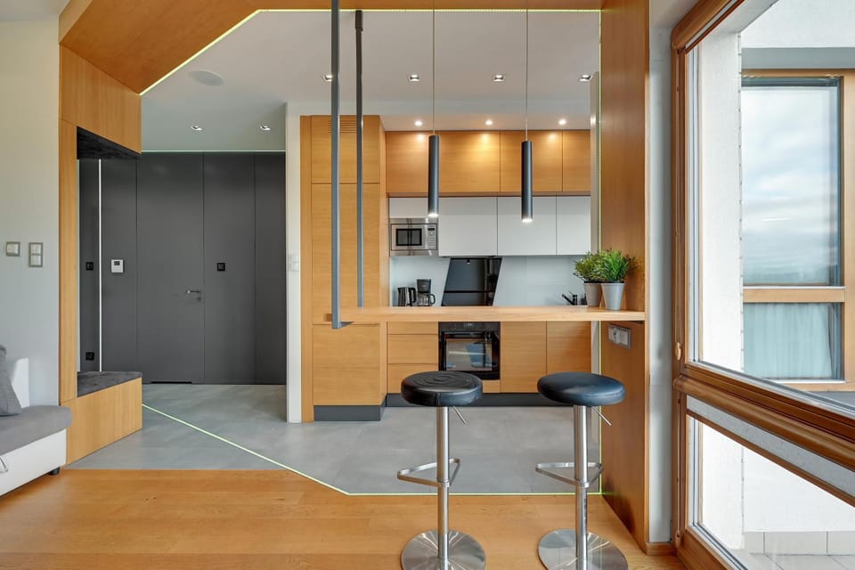 Kitchen or kitchenette, Living room, Seating area, Dining area