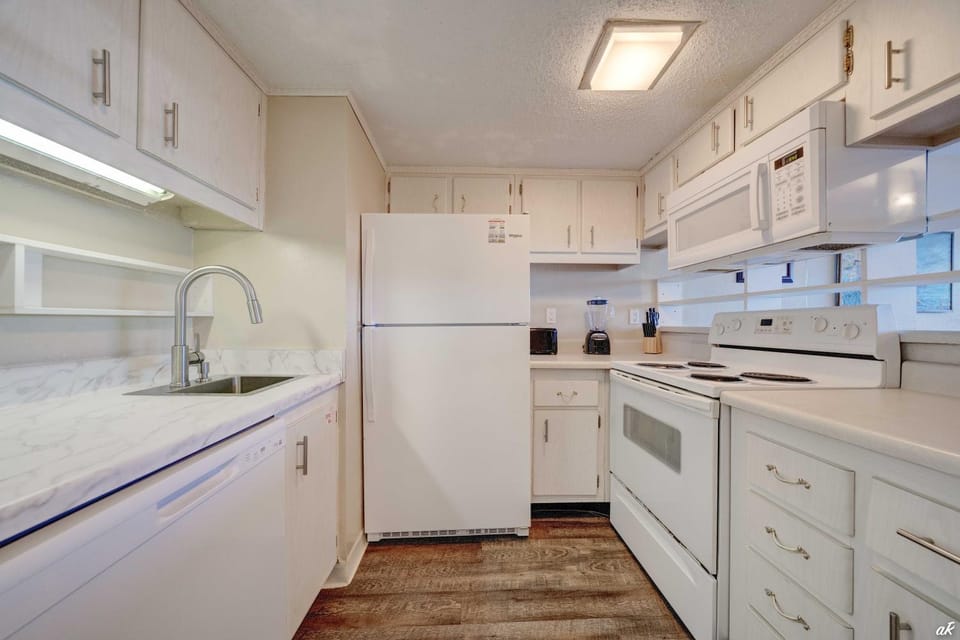 Kitchen or kitchenette, dishwasher, oven, stove