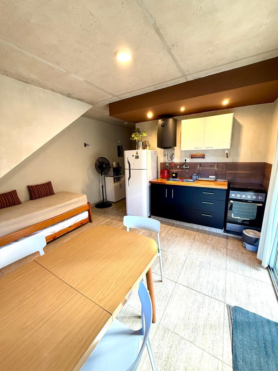 Bed, kitchen
