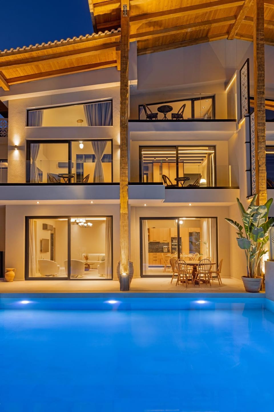 Property building, Patio, Night, View (from property/room), Balcony/Terrace, Pool view, Swimming pool