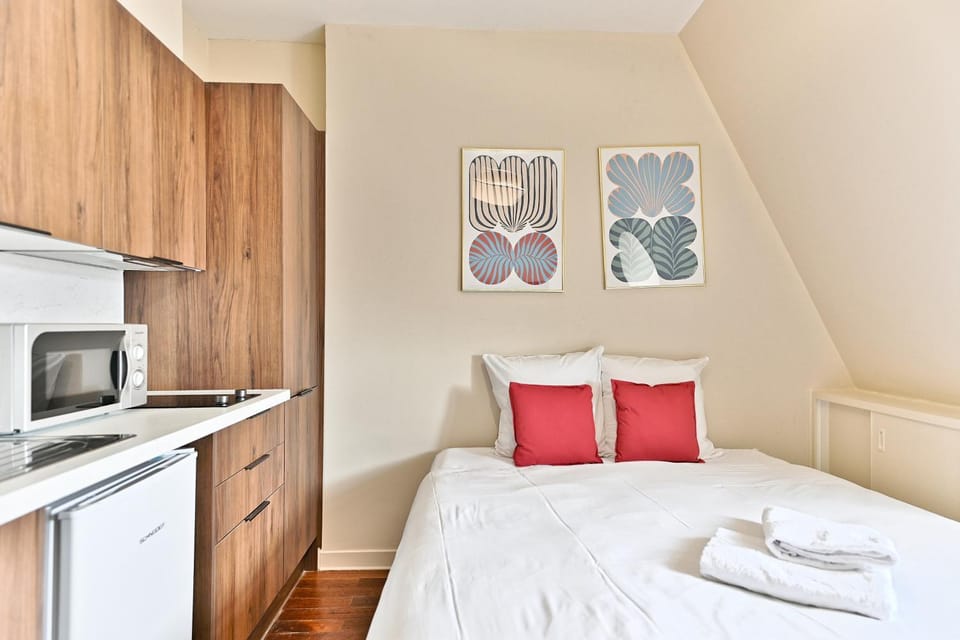 Bed, TV and multimedia, Kitchen or kitchenette, Photo of the whole room, Bedroom, stove, towels