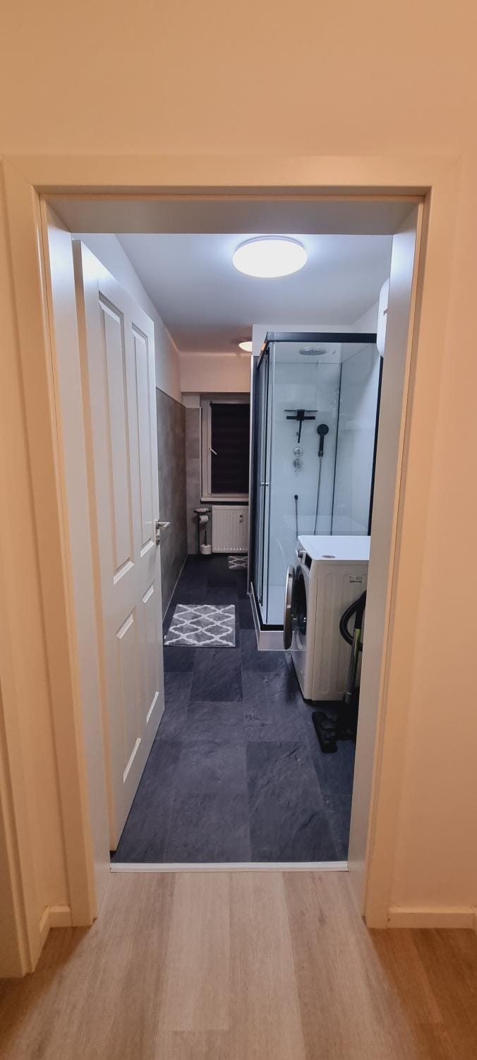 Shower, Toilet, Bathroom, hair dryier, heating, towels, washing machine