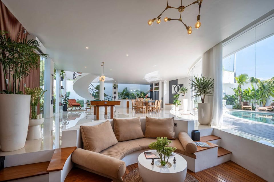 Living room, Seating area, Pool view
