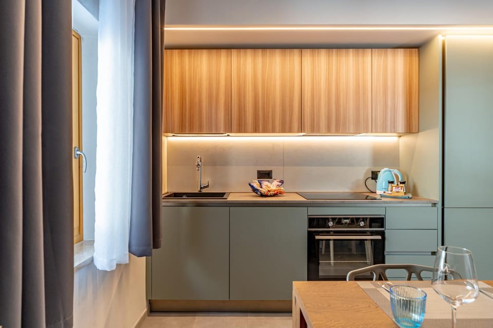 Kitchen or kitchenette, stove