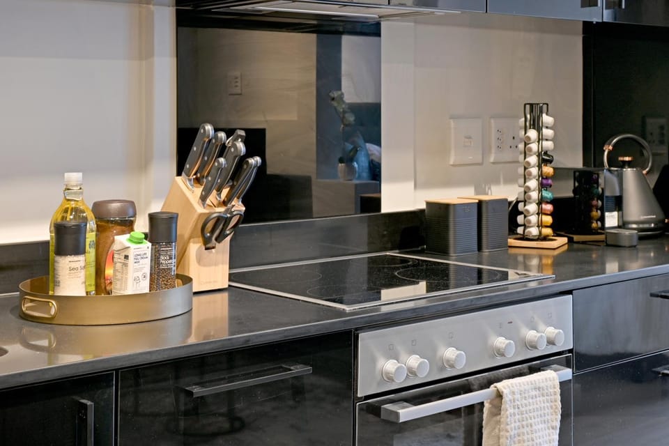 Kitchen or kitchenette, stove