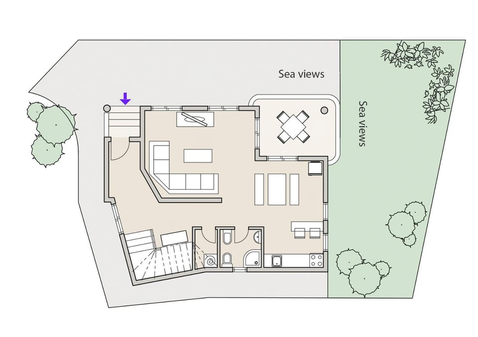 Shower, Property building, Patio, BBQ facilities, Bathroom, TV and multimedia, Balcony/Terrace, Kitchen or kitchenette, Living room, Floor plan, Dining area, Sea view