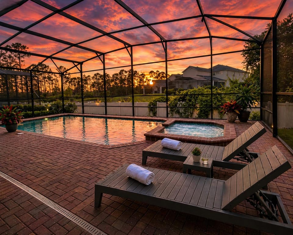 Patio, Hot Tub, View (from property/room), Pool view, Swimming pool, Sunset, sunbed, towels
