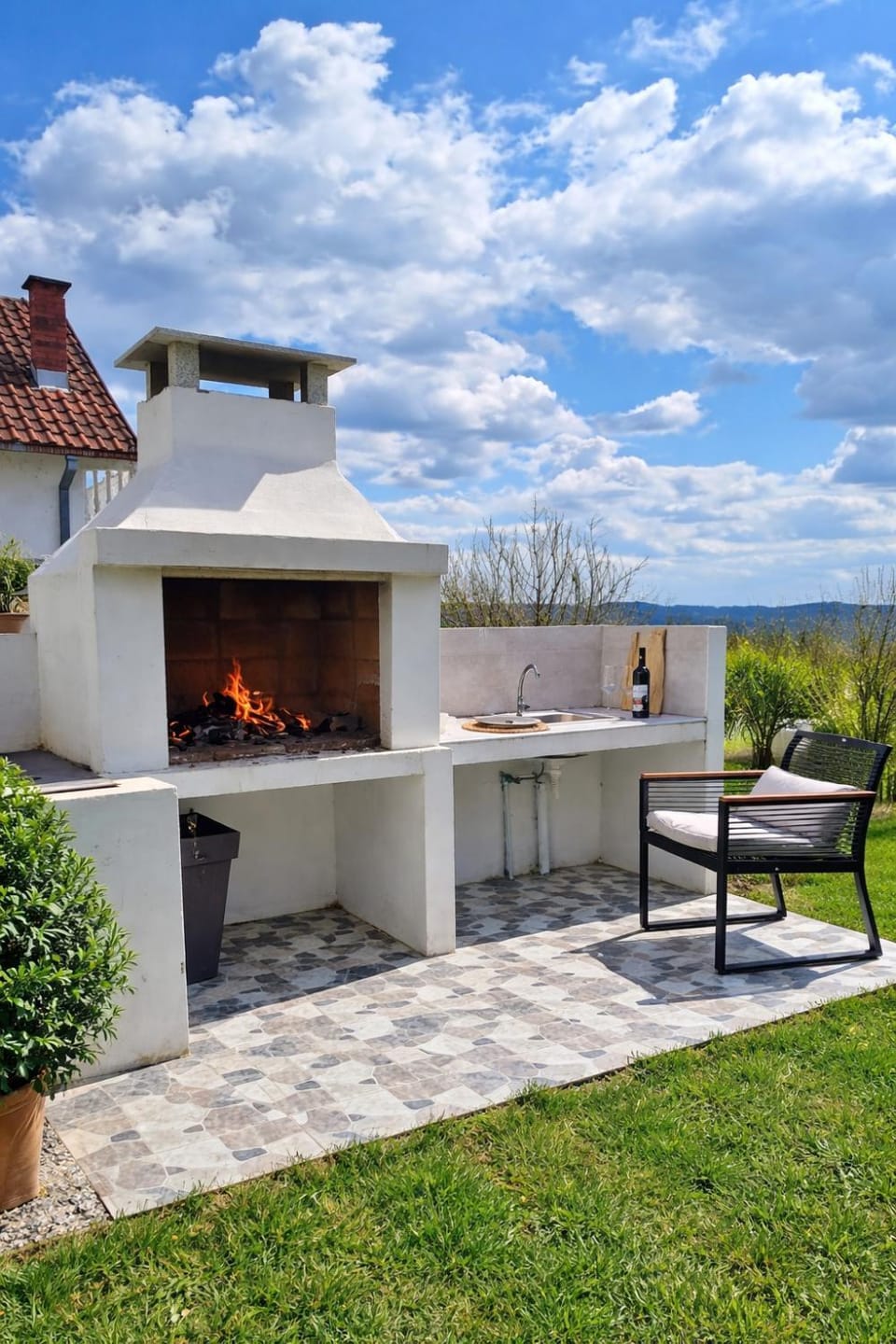 Property building, Patio, Spring, Day, Natural landscape, BBQ facilities, View (from property/room), Seating area