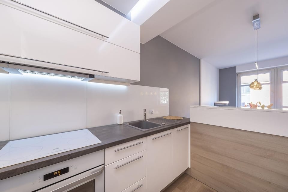 Kitchen or kitchenette, stove