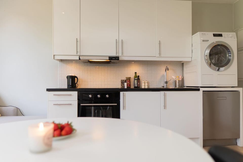 Kitchen or kitchenette, dishwasher, oven, stove, washing machine