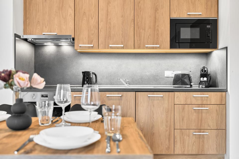 Kitchen or kitchenette, stove