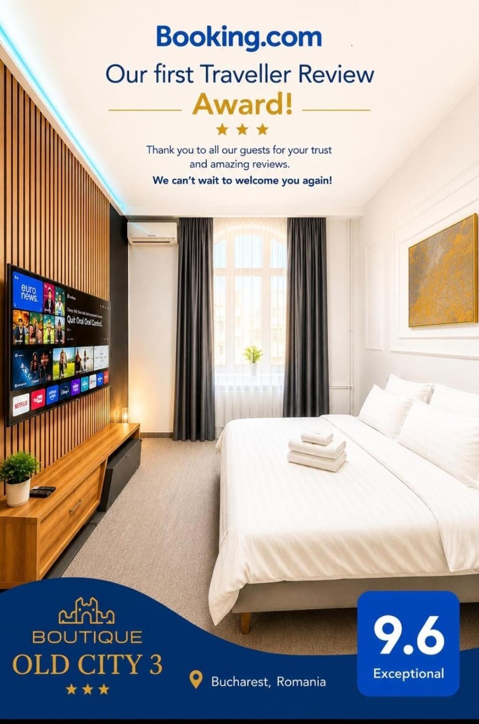Bed, Property logo or sign, TV and multimedia, Photo of the whole room, Logo/Certificate/Sign, Bedroom, Certificate/Award