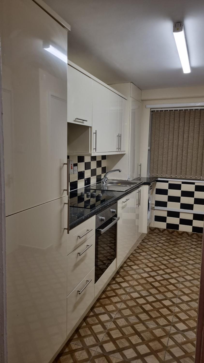 Kitchen or kitchenette, dishwasher, oven, stove