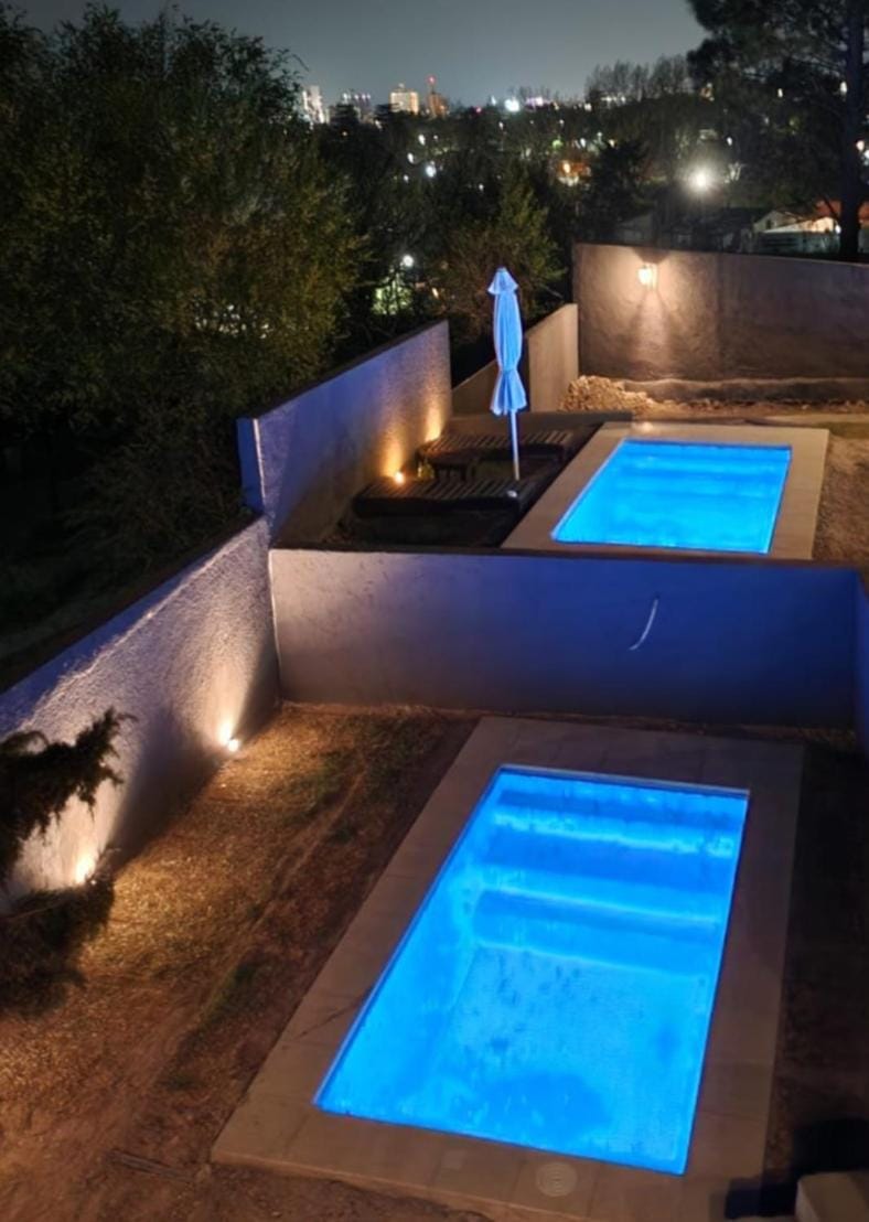 Night, Pool view, Swimming pool, sunbed
