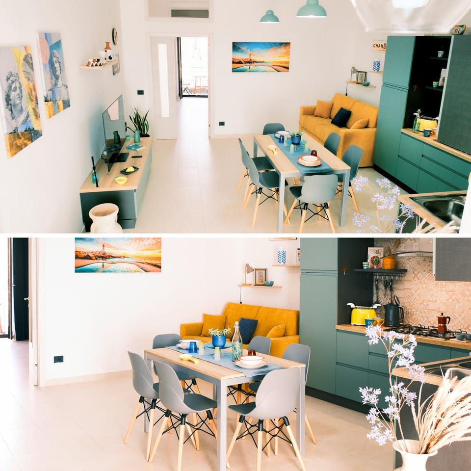 Kitchen or kitchenette, Living room, Seating area, Dining area