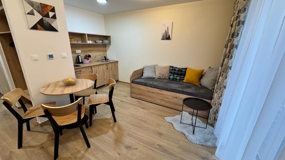 Kitchen or kitchenette, Living room, Seating area, Dining area