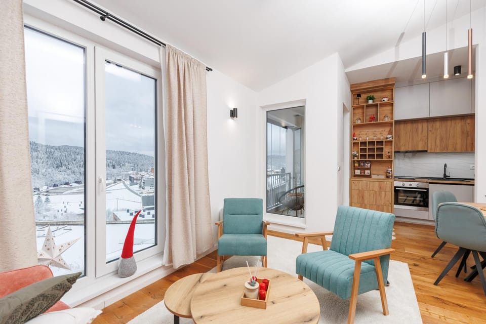 Kitchen or kitchenette, Living room, Seating area, Mountain view