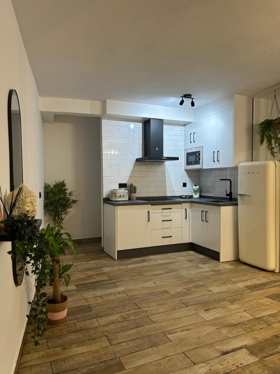 Kitchen or kitchenette, stove