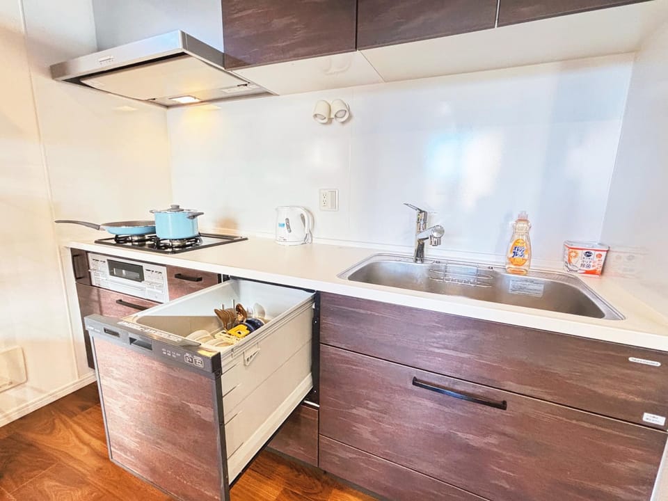 Kitchen or kitchenette, dishwasher, stove